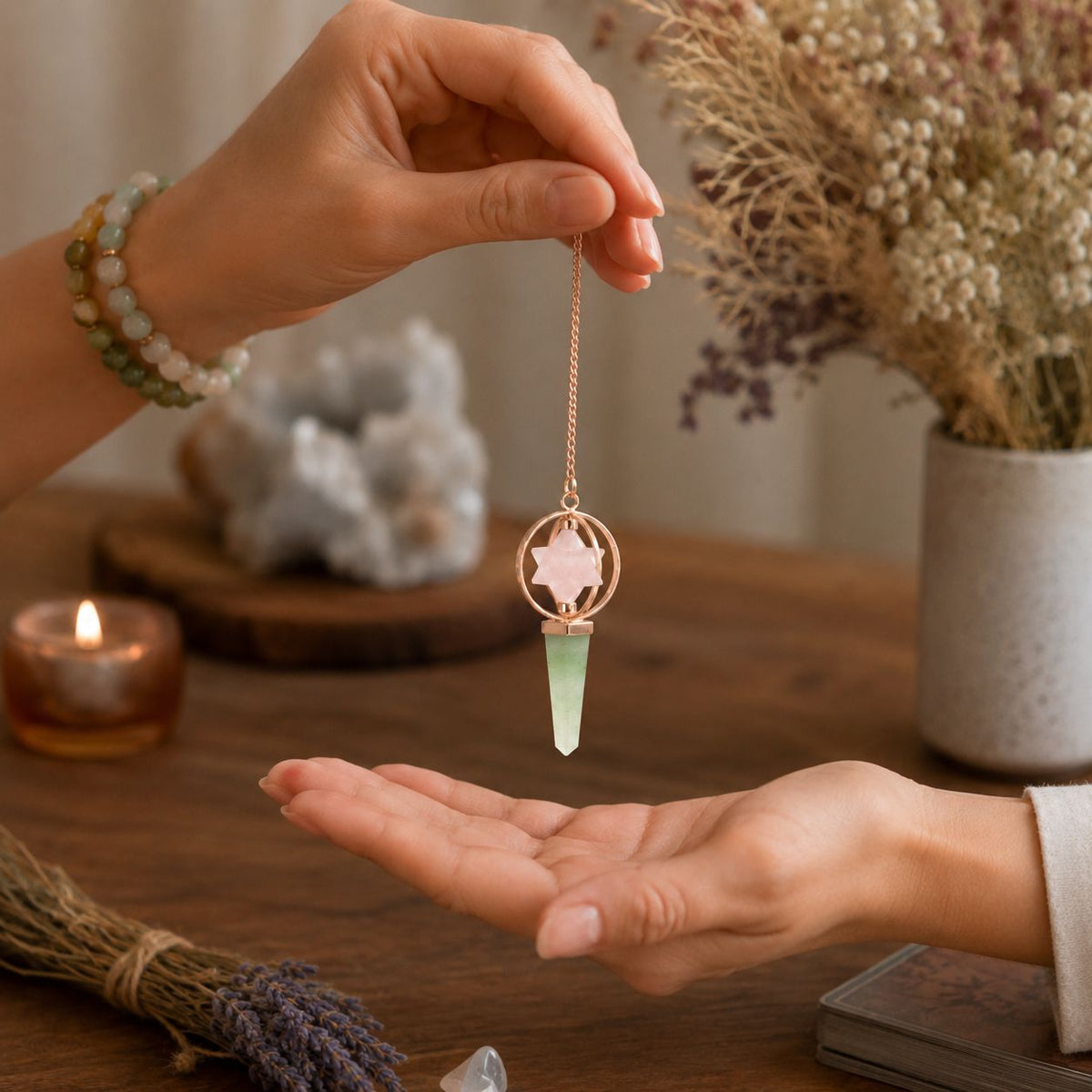 Péndulo de cobre con estrella merkaba giratoria · Cuarzo rosa y aventurina