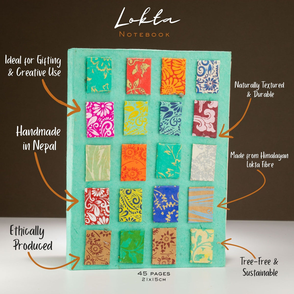 Cuaderno de papel lokta · Mini azulejos turquesa · 21 × 15 cm