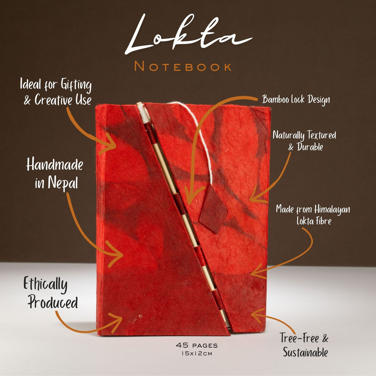 Cuaderno de papel lokta con cierre de bambú · Flores rubí · 15 × 12 cm