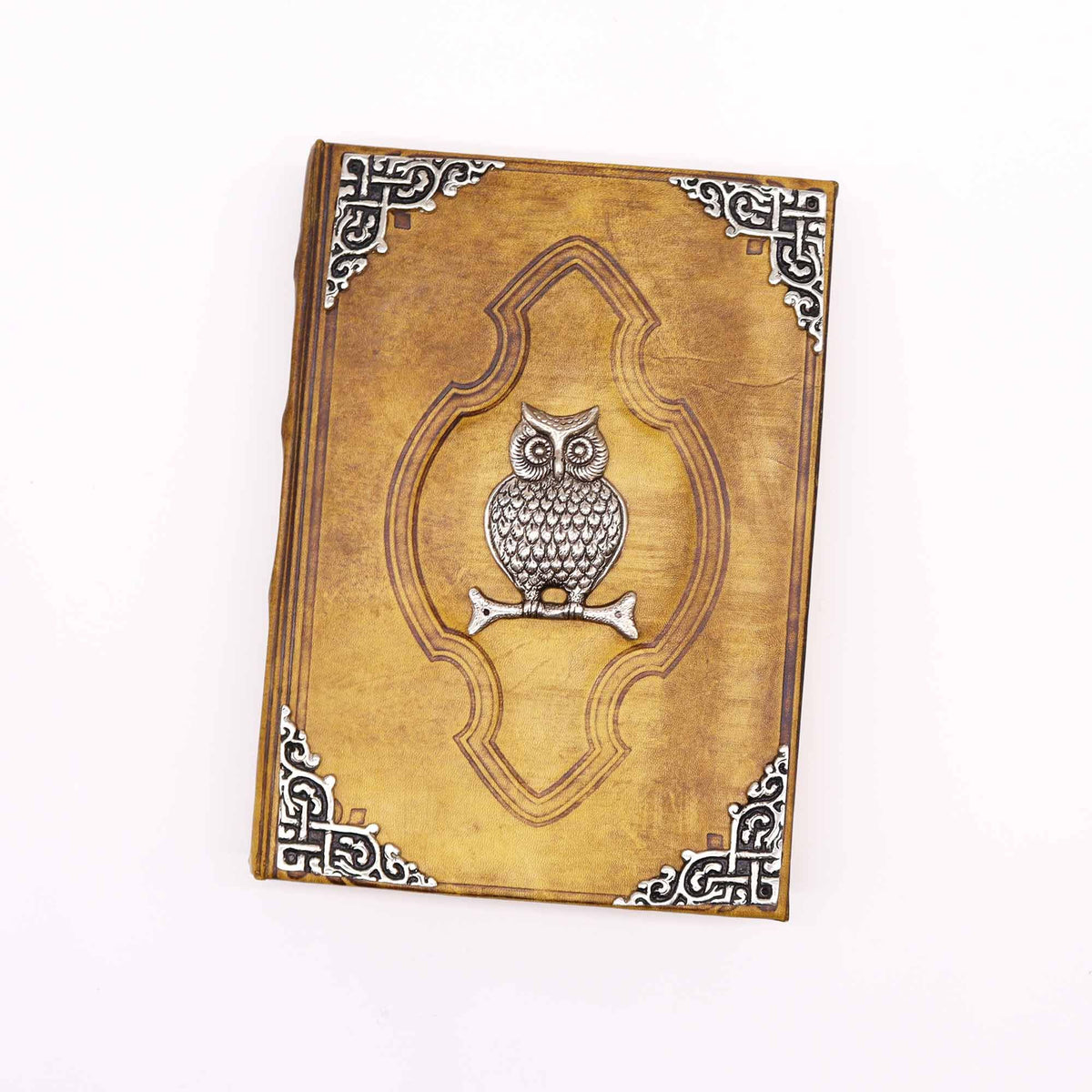 Cuaderno de cuero marrón · Búhos de zinc