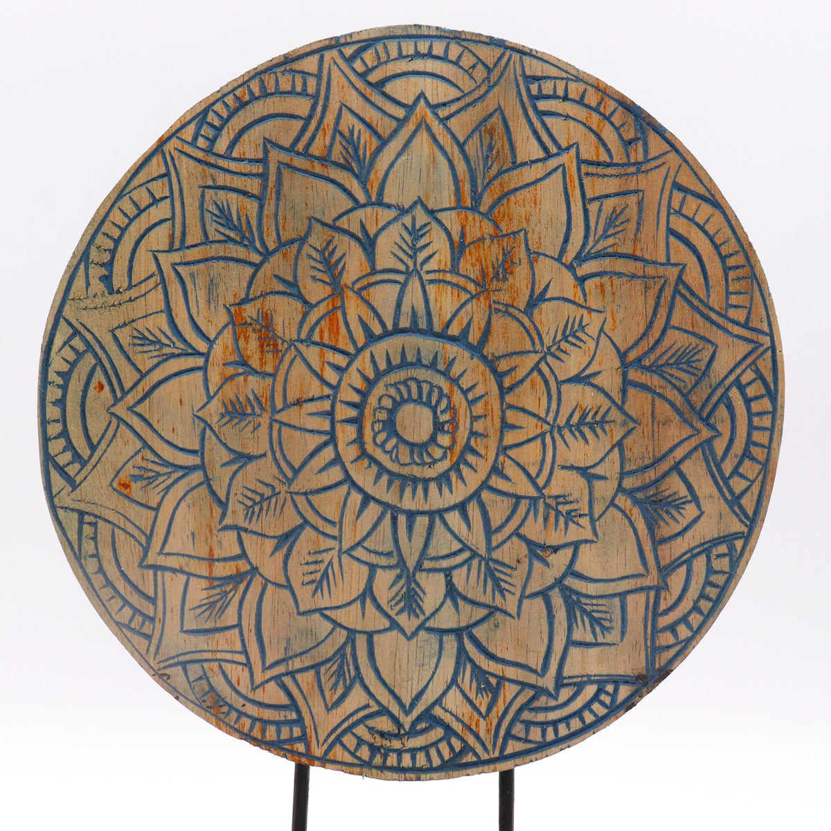 Buda decorativo de madera · Mandala floral azul