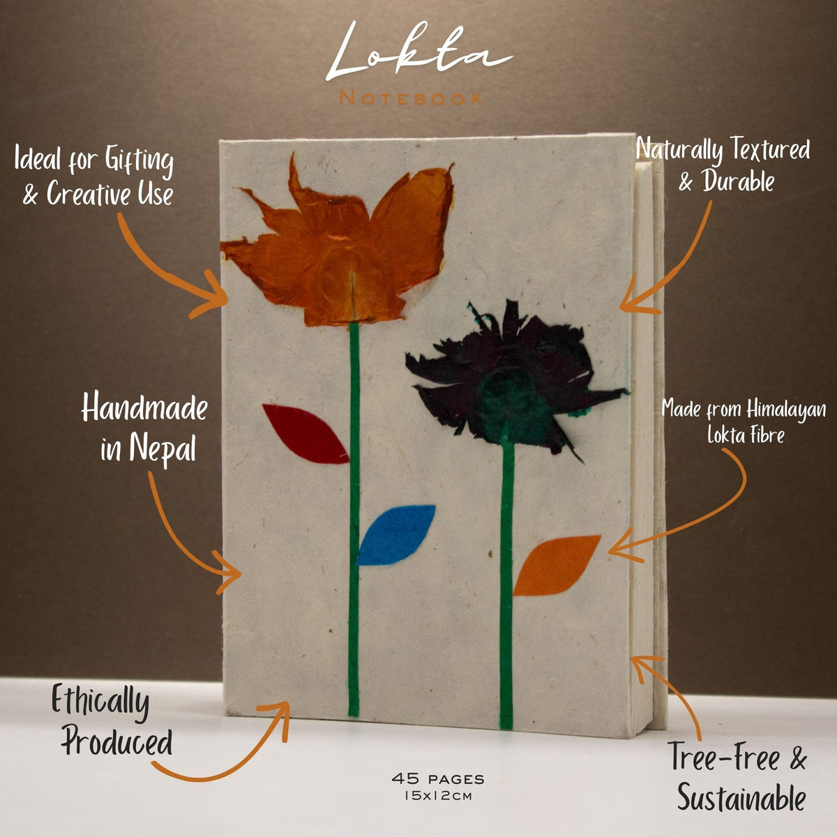 Cuaderno de papel lokta · Flores del Himalaya · 15 × 12 cm