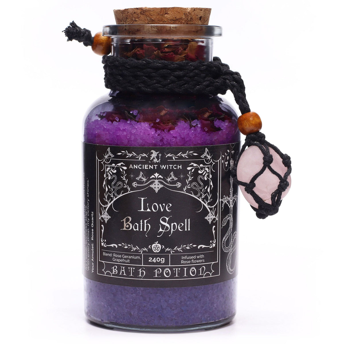 Poción de baño de bruja antigua con amuleto de cuarzo rosa · Amor