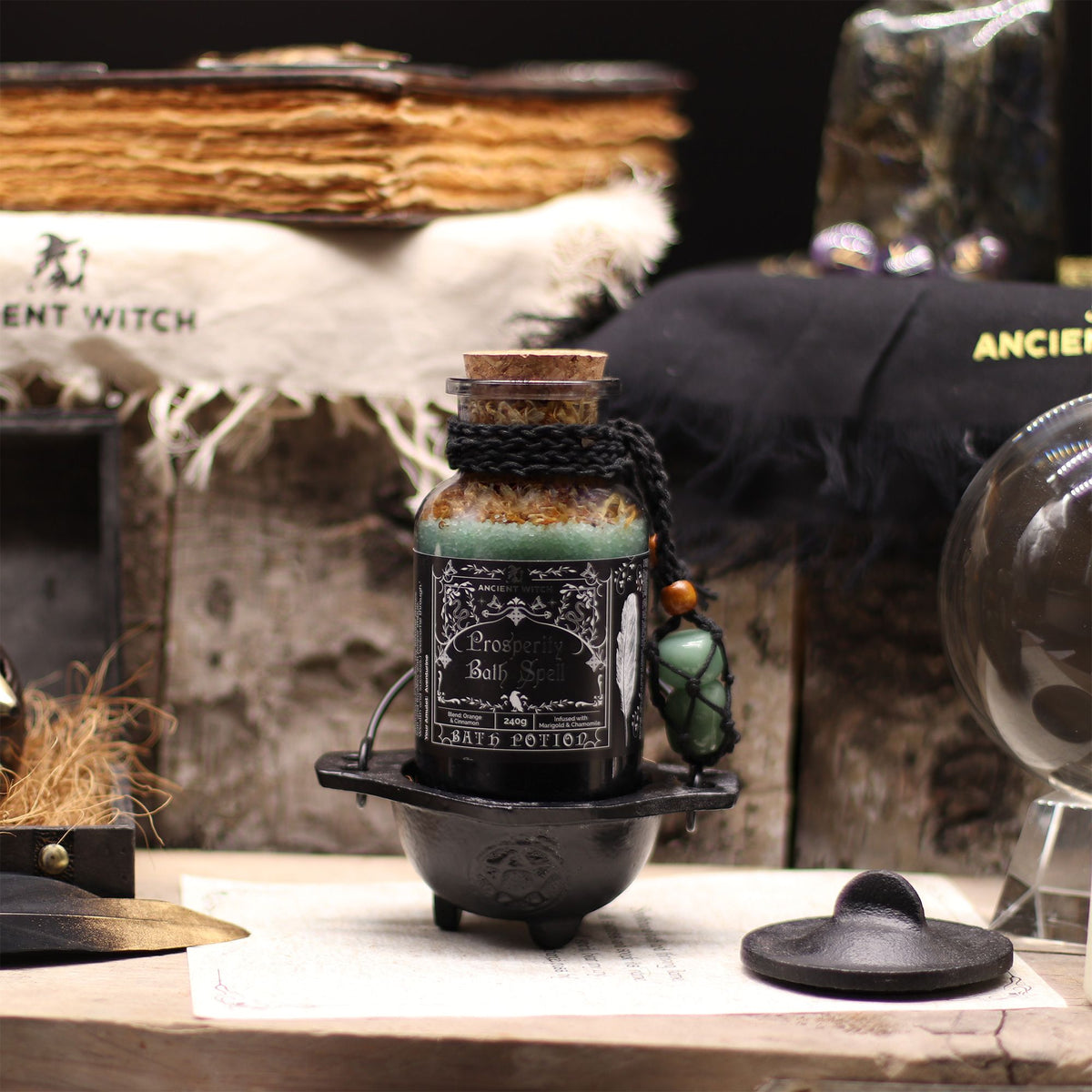 Poción de baño de bruja antigua con amuleto de aventurina · Prosperidad