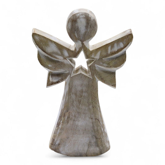 Ángel de madera de mango - blanqueado con recorte de estrella