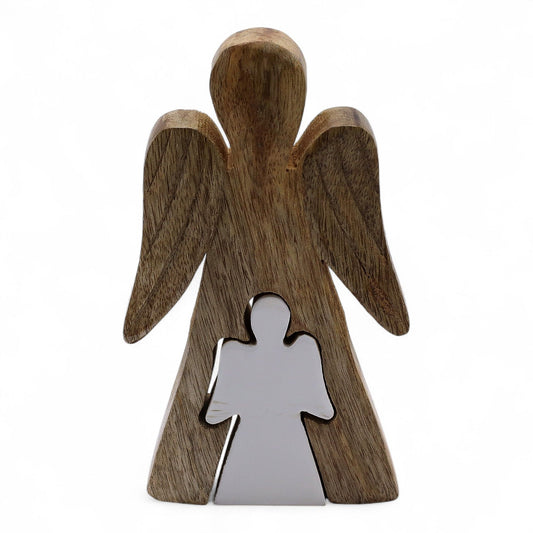 Ángel de Madera de Mango dentro de Ángel - Esmalte Blanco - 15 cm
