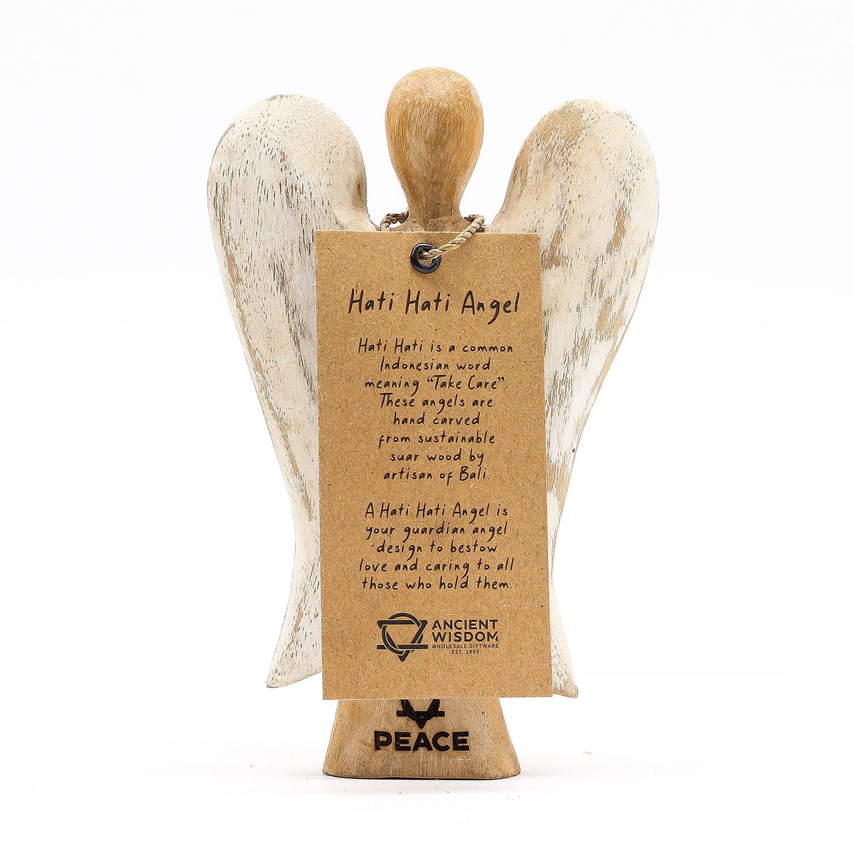 Ángel de madera de suar · Paz · 15 cm