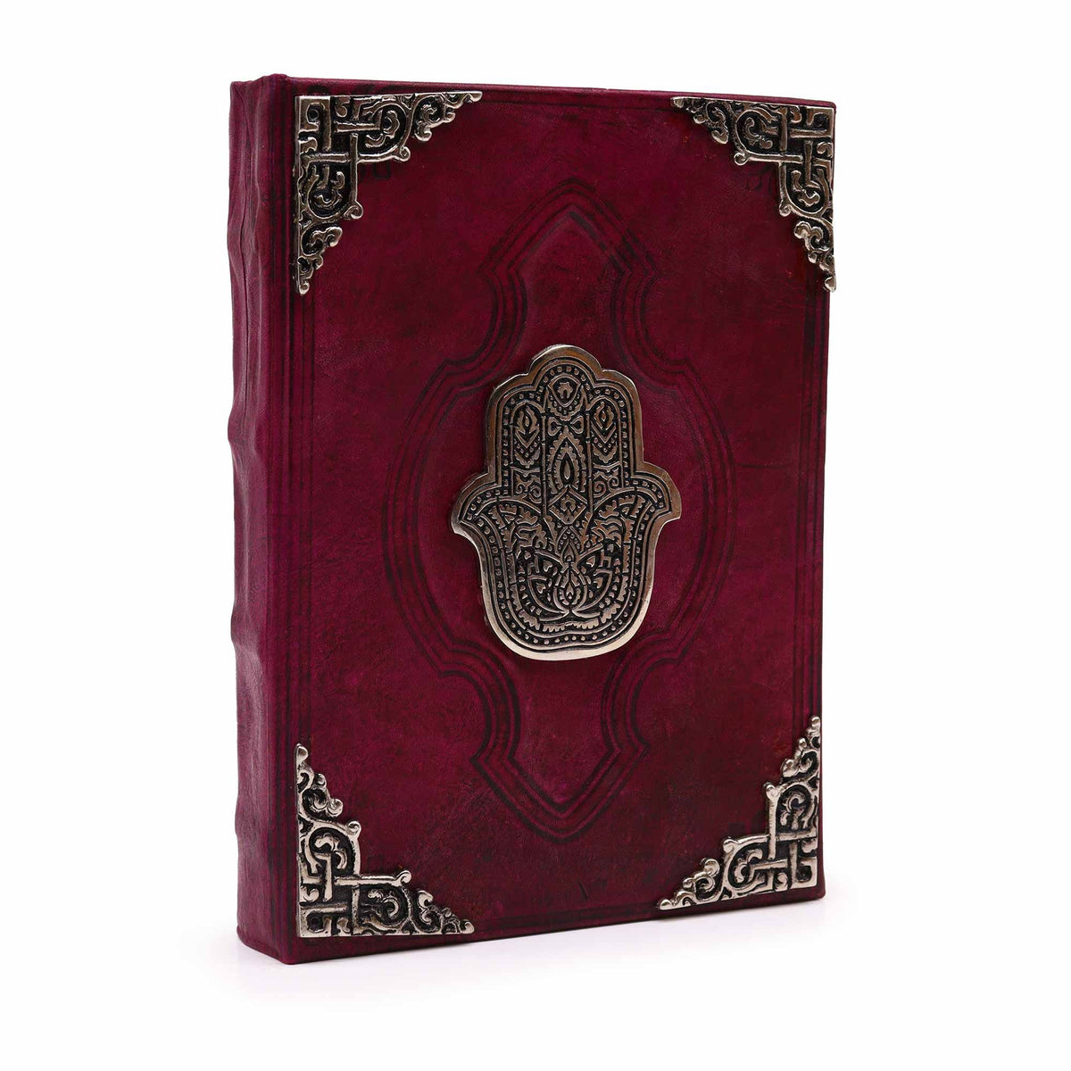 Cuaderno de cuero rojo · Hamsa de zinc