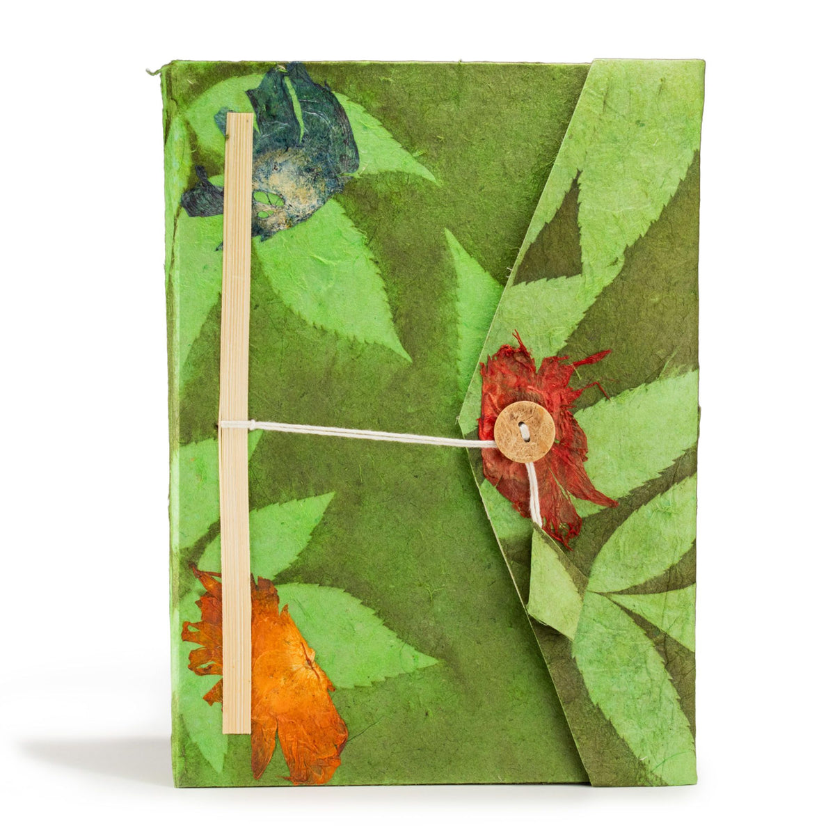 Cuaderno de papel lokta · Flores verde musgo · 21 × 15 cm