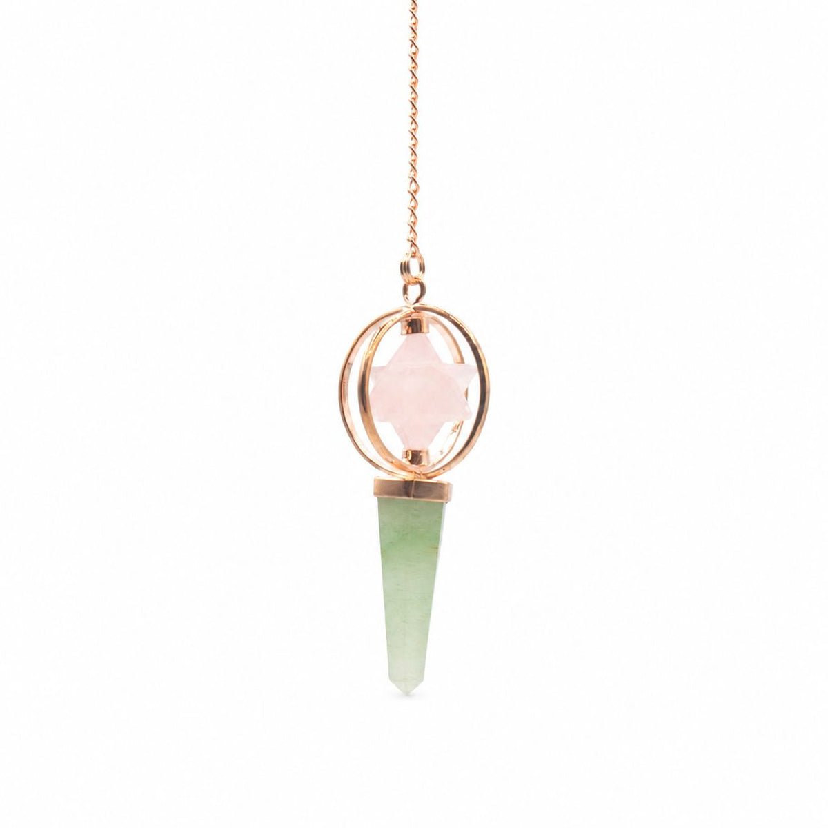 Péndulo de cobre con estrella merkaba giratoria · Cuarzo rosa y aventurina