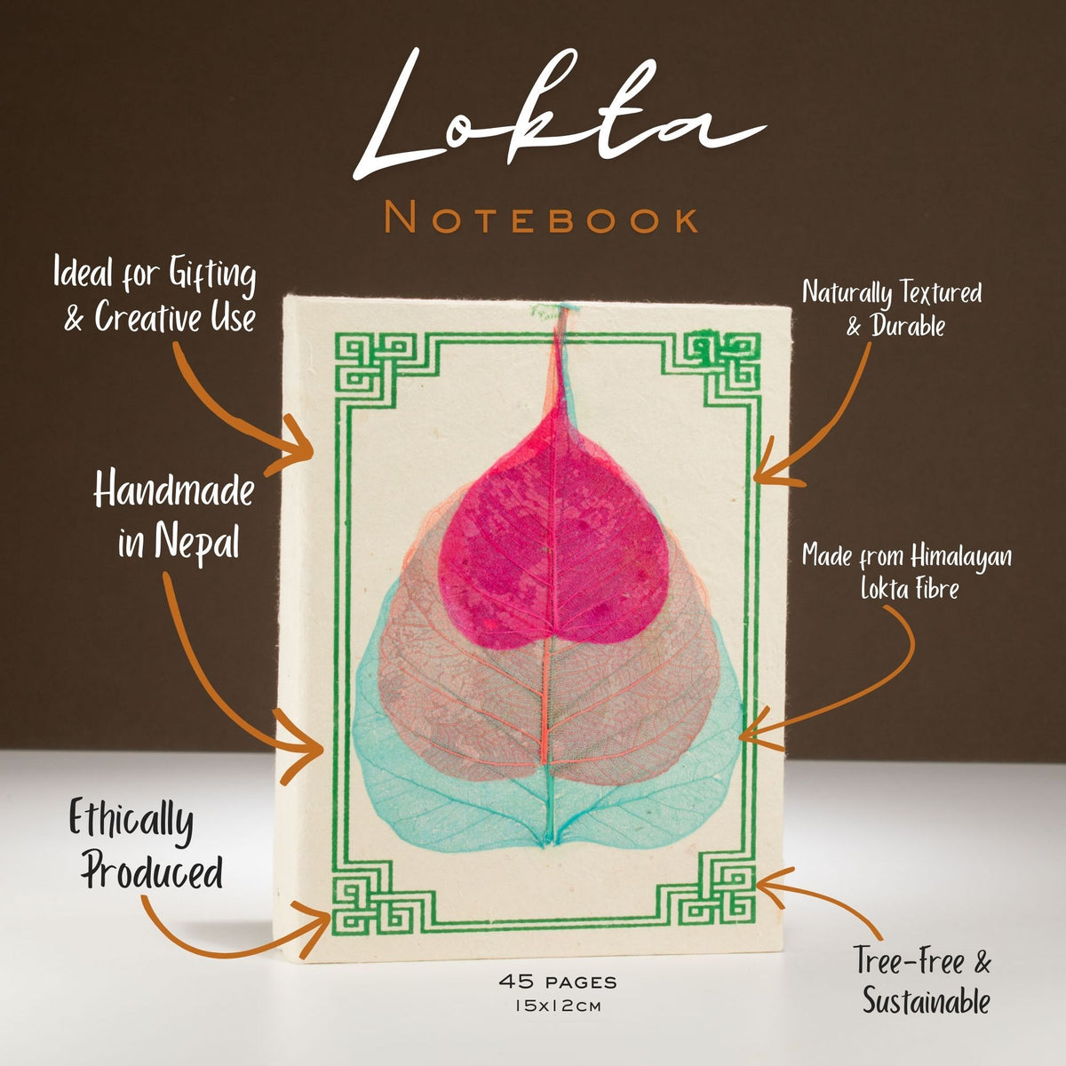 Cuaderno de papel lokta · Hojas de bodhi · 15 × 12 cm