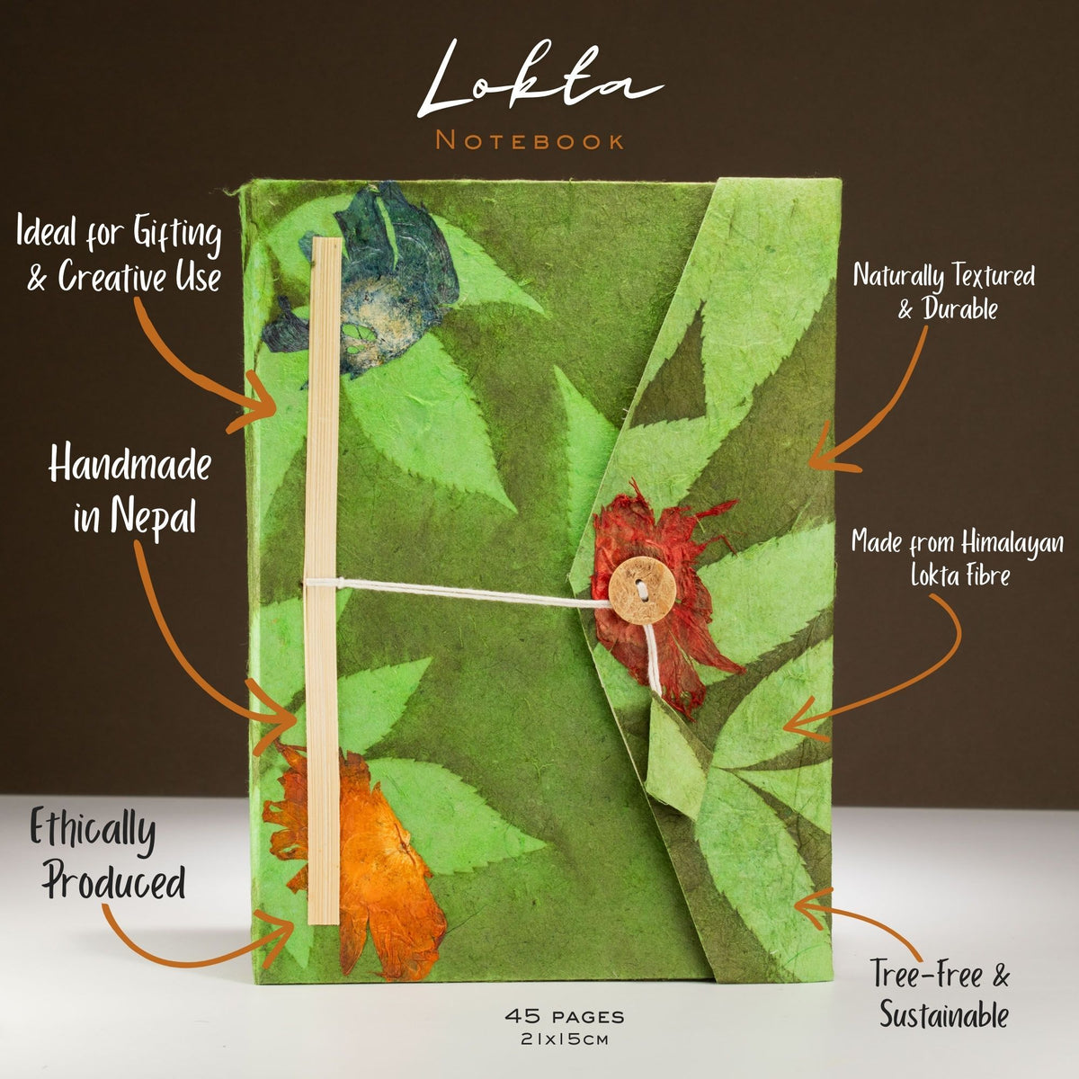 Cuaderno de papel lokta · Flores verde musgo · 21 × 15 cm