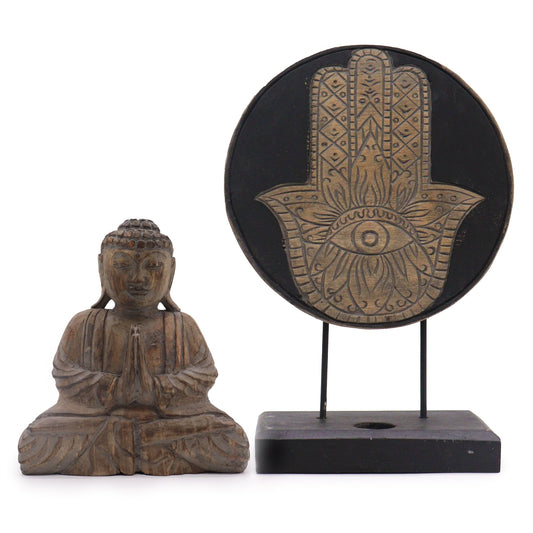 Buda decorativo de madera · Hamsa gris