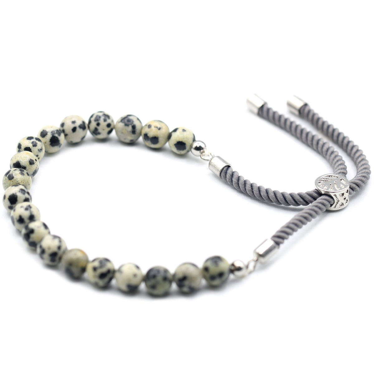 Pulsera de hilo gris con jaspe dálmata · Ajustable