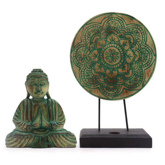 Buda decorativo de madera · Nudo infinito verde