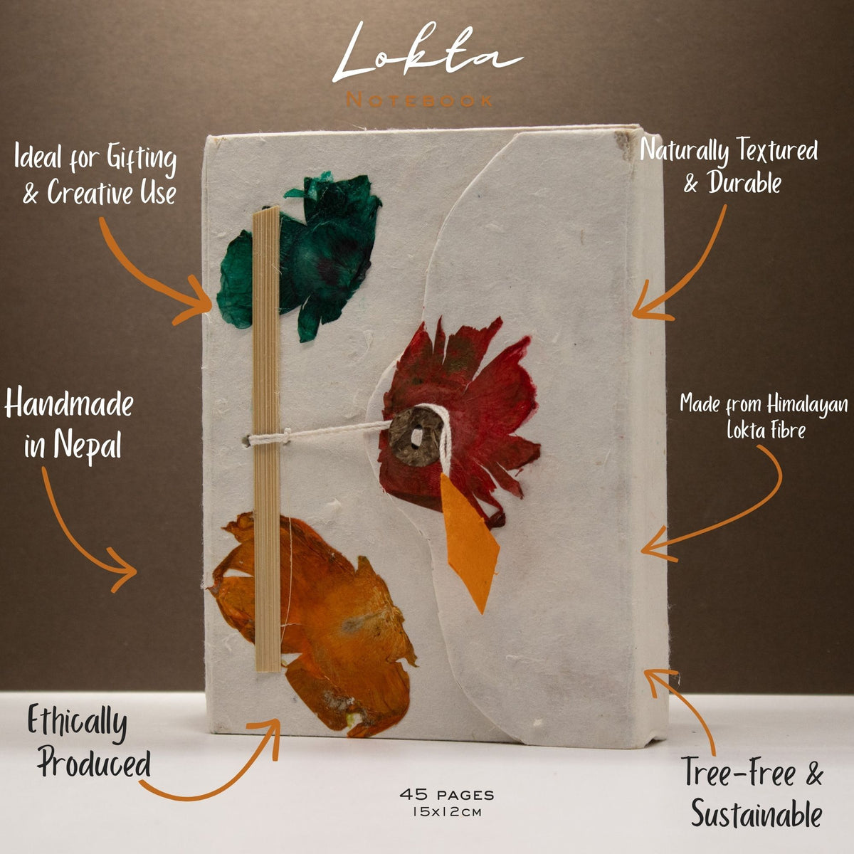 Cuaderno de papel lokta con cierre de botón · Flores del Himalaya · 15 × 12 cm