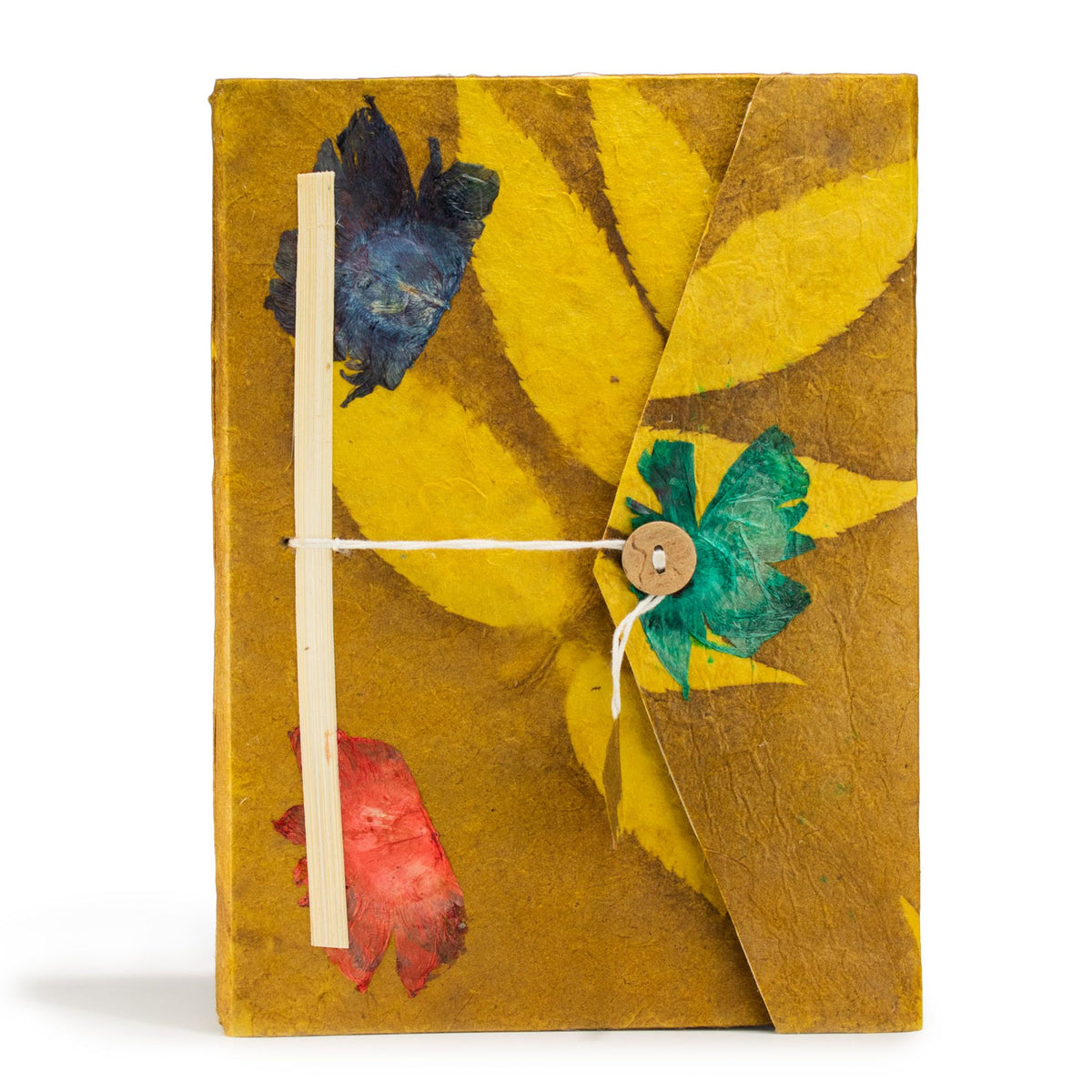 Cuaderno de papel lokta · Flores oliva · 21 × 15 cm