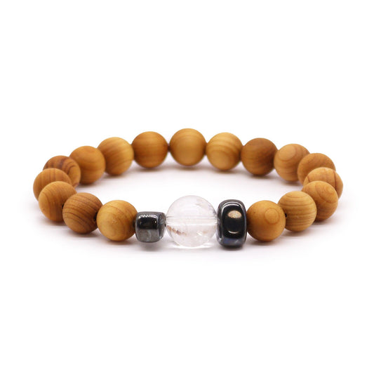 Pulsera de madera de cedro · Chakra de la corona · Cuarzo