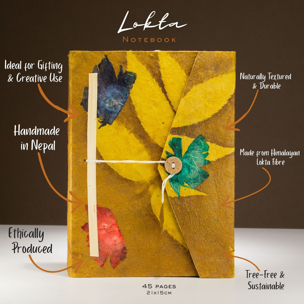 Cuaderno de papel lokta · Flores oliva · 21 × 15 cm