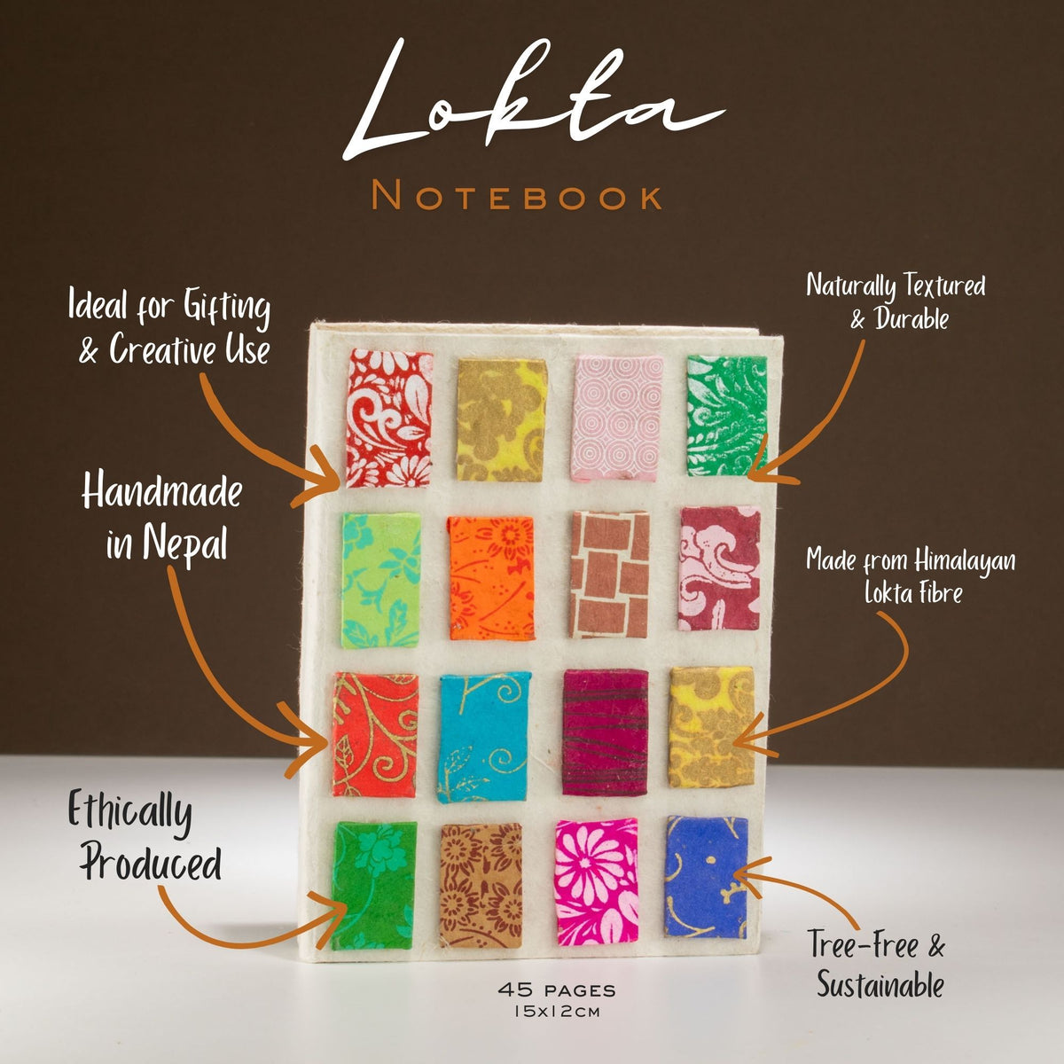 Cuaderno de papel lokta · Mini azulejos natural · 15 × 12 cm