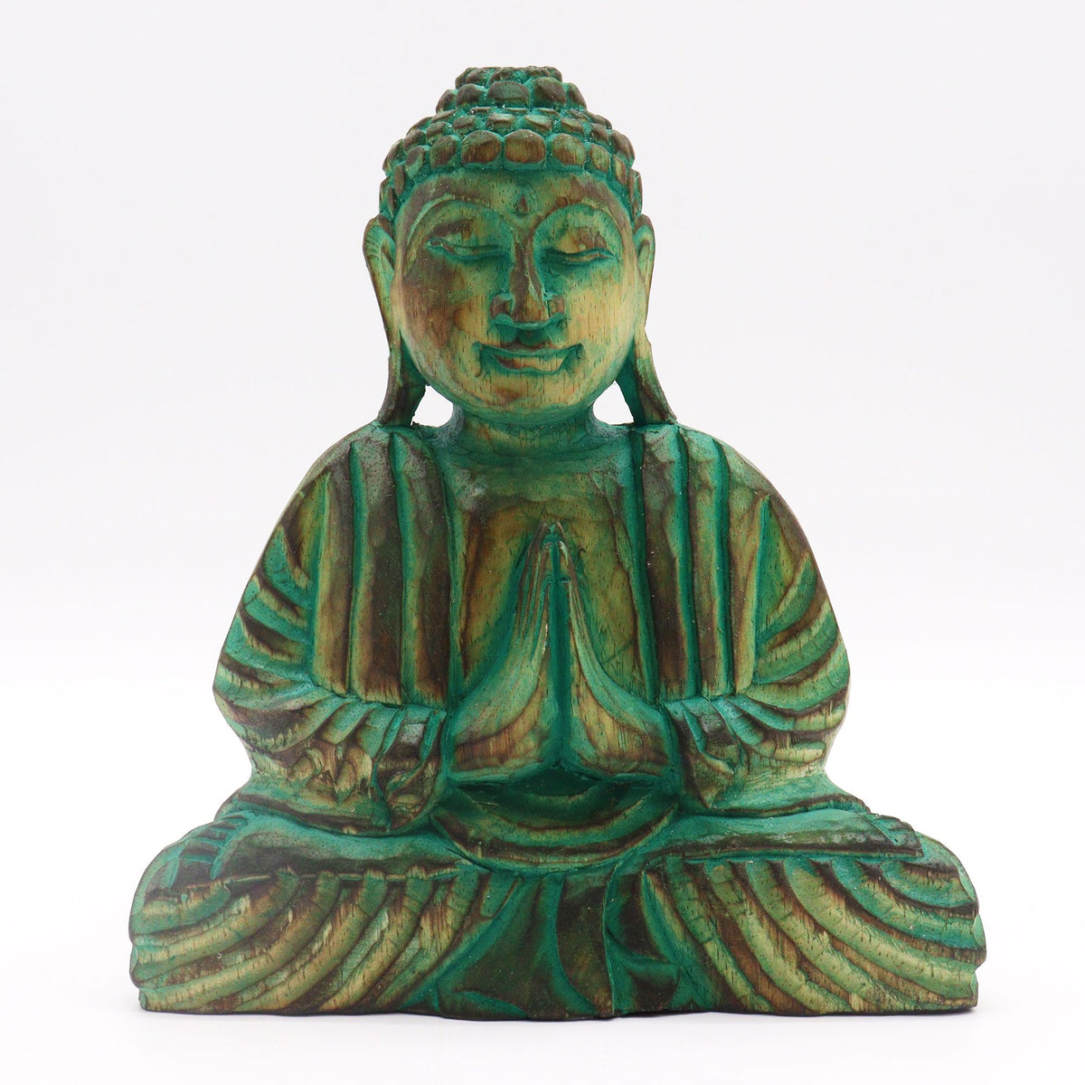 Buda decorativo de madera · Nudo infinito verde