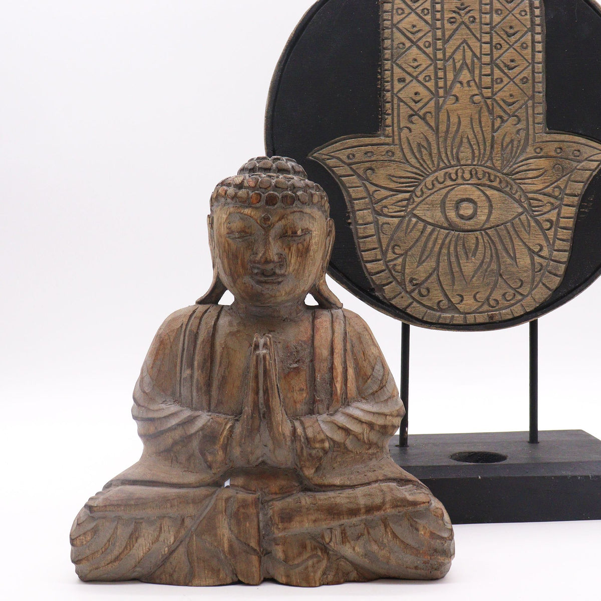 Buda decorativo de madera · Hamsa gris