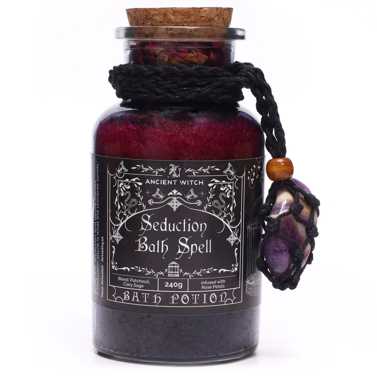 Poción de baño de bruja antigua con amuleto de amatista · Seducción