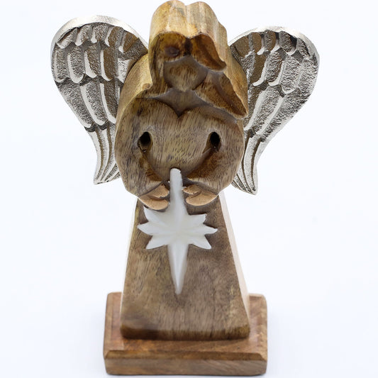 Gran Ángel de la Paz de Madera de Mango, Alas de Metal y Detalle de Esmalte