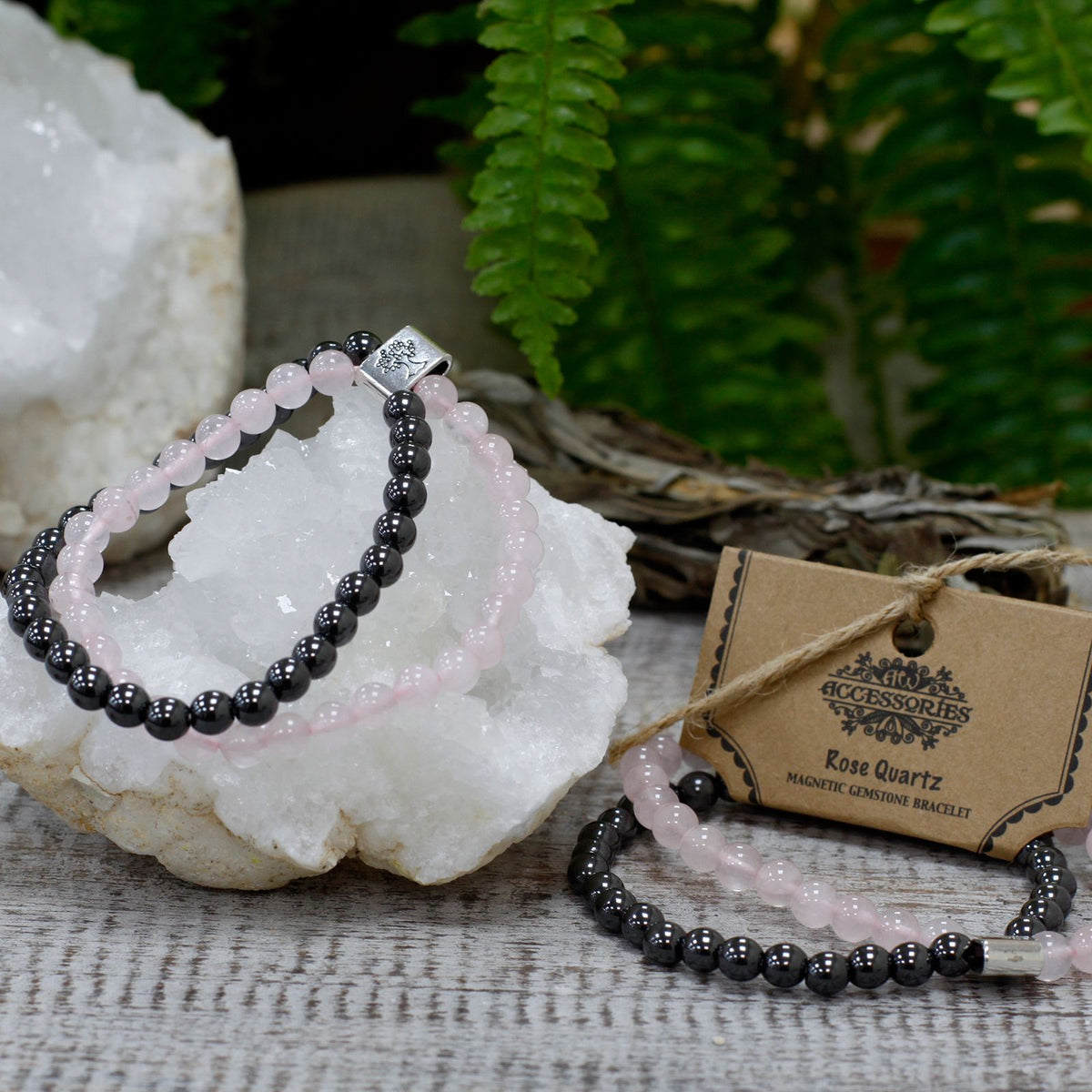 Pulsera de cuarzo rosa con cuentas magnéticas