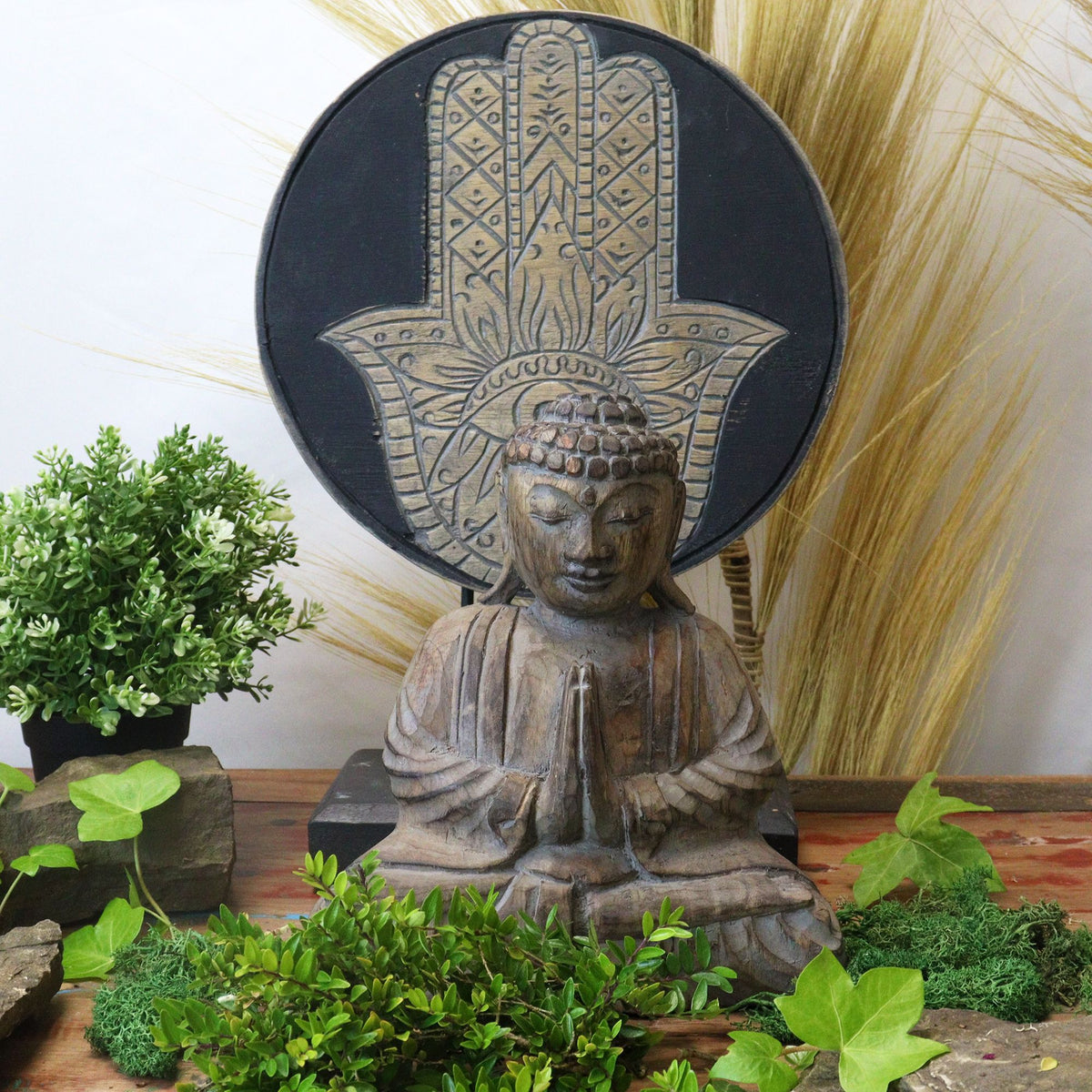 Buda decorativo de madera · Hamsa gris