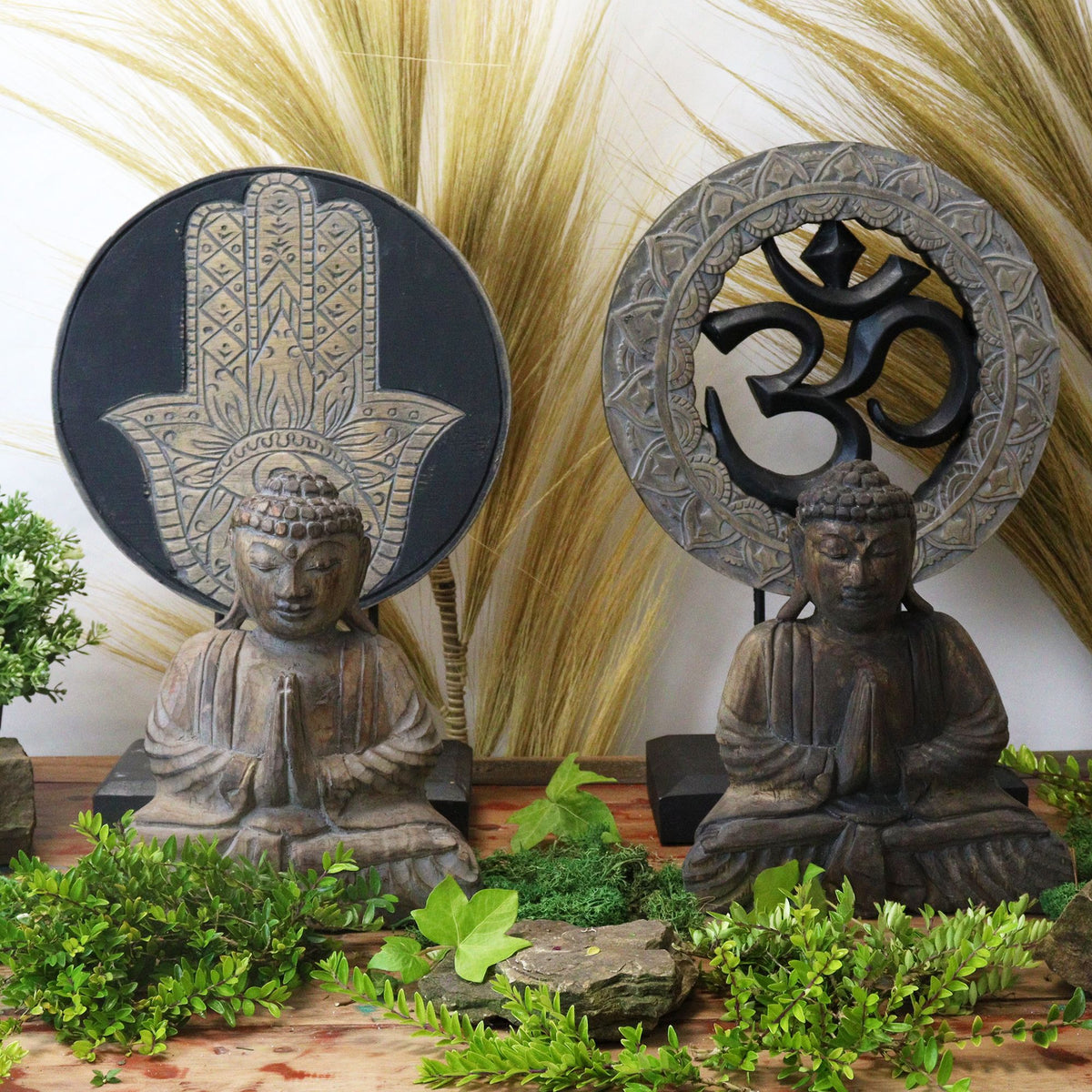 Buda decorativo de madera · Hamsa gris