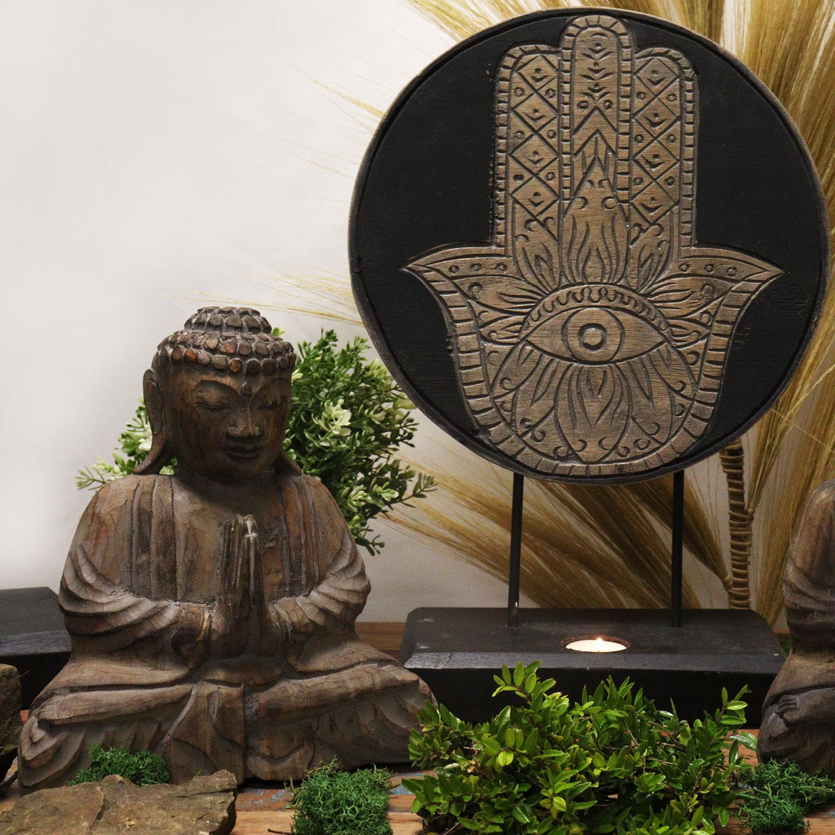 Buda decorativo de madera · Hamsa gris