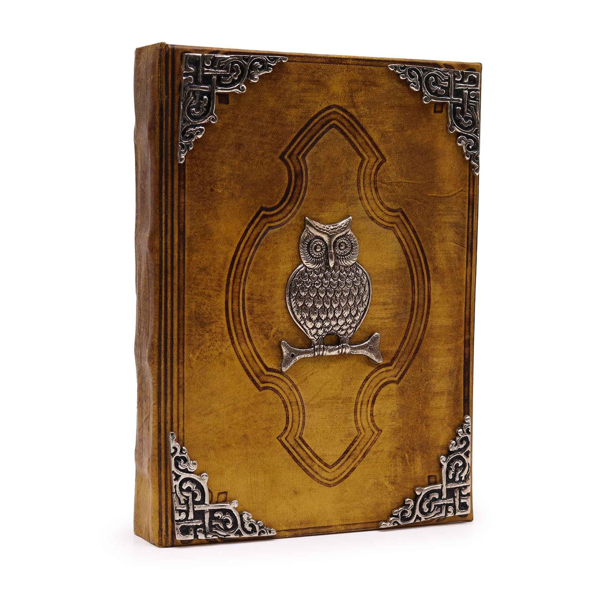 Cuaderno de cuero marrón · Búhos de zinc