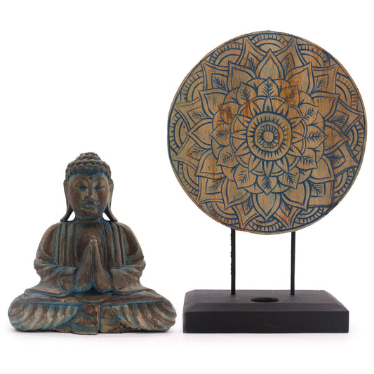 Buda decorativo de madera · Mandala floral azul
