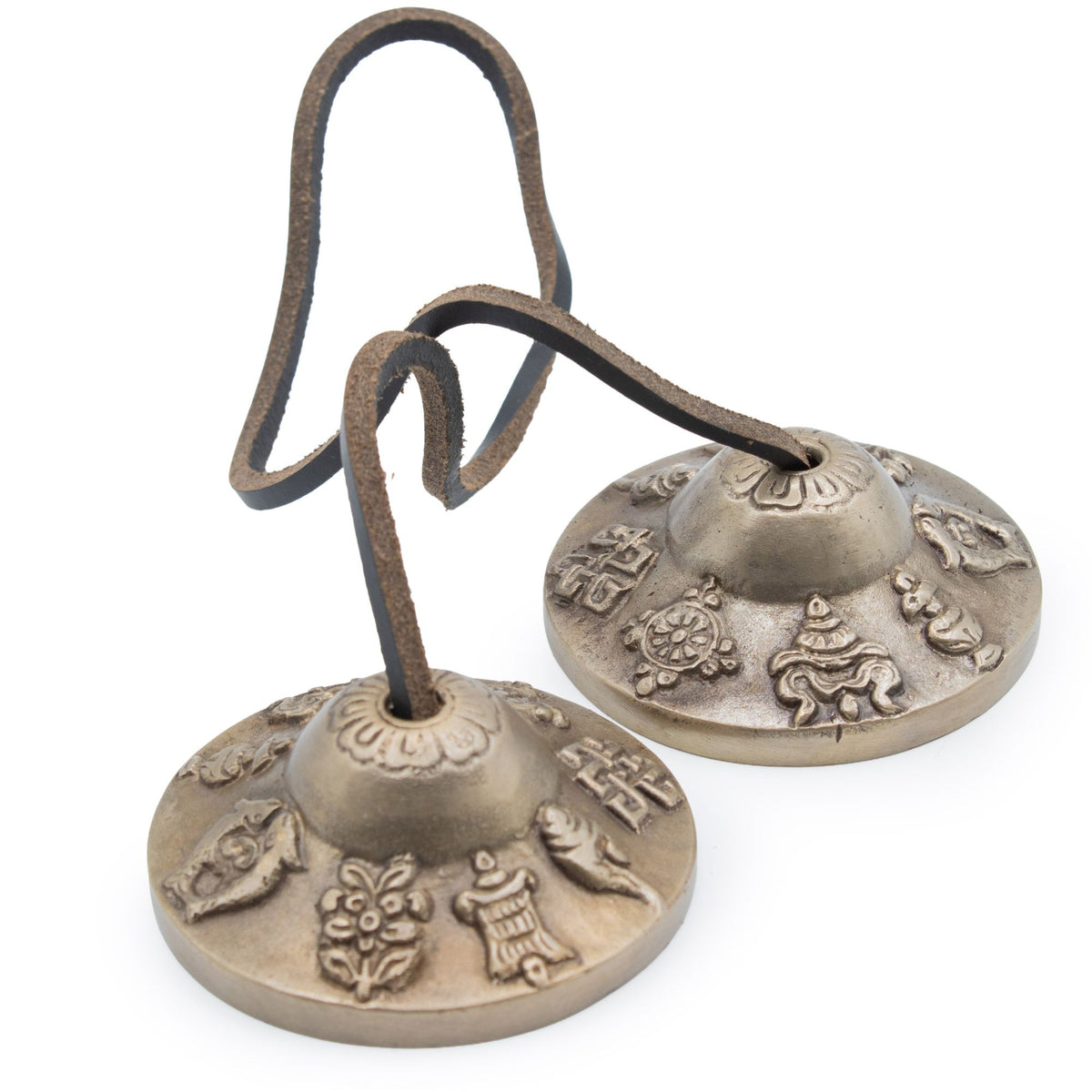 Tingsha tibetana de latón · Símbolos de la suerte · 6 cm