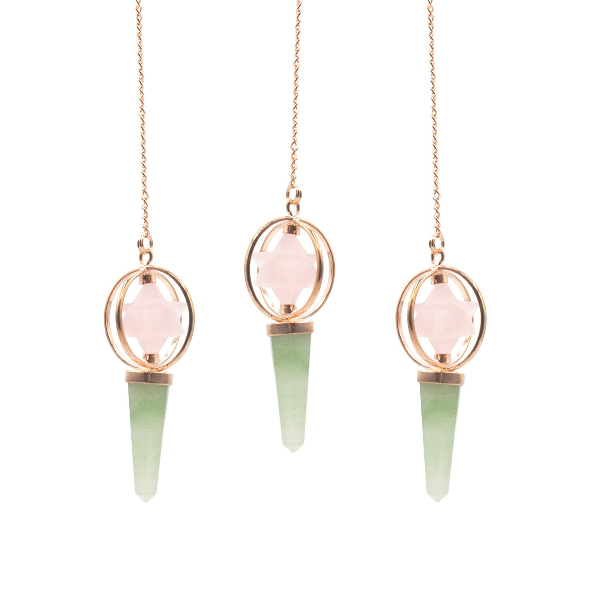 Péndulo de cobre con estrella merkaba giratoria · Cuarzo rosa y aventurina