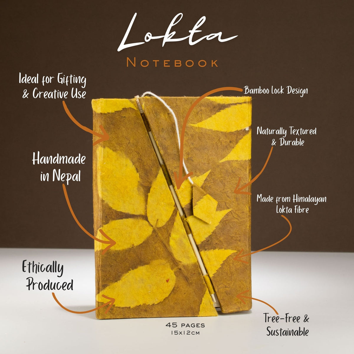 Cuaderno de papel lokta con cierre de bambú · Flores mostaza · 15 × 12 cm