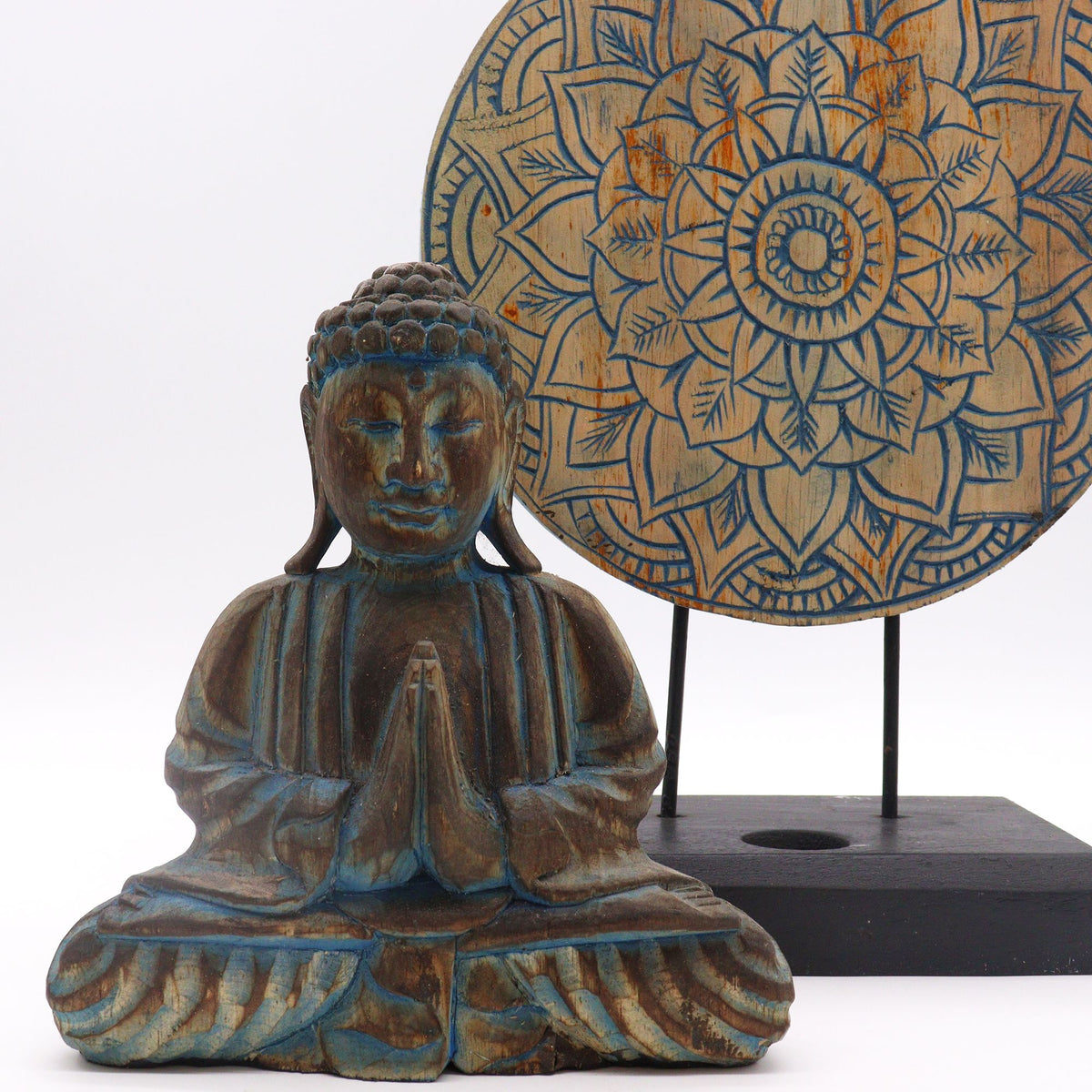 Buda decorativo de madera · Mandala floral azul