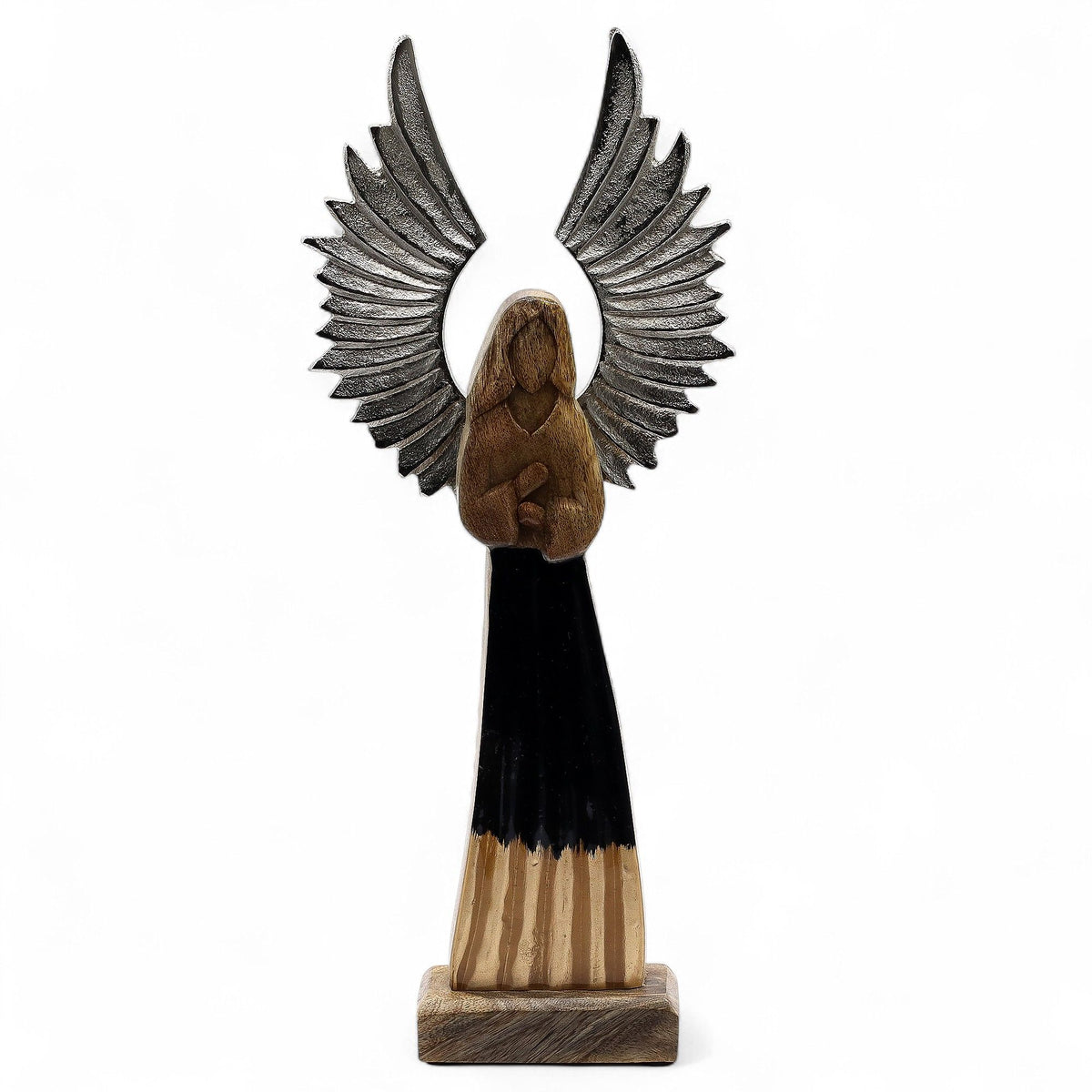 Ángel guardián grande de madera de mango con alas de metal