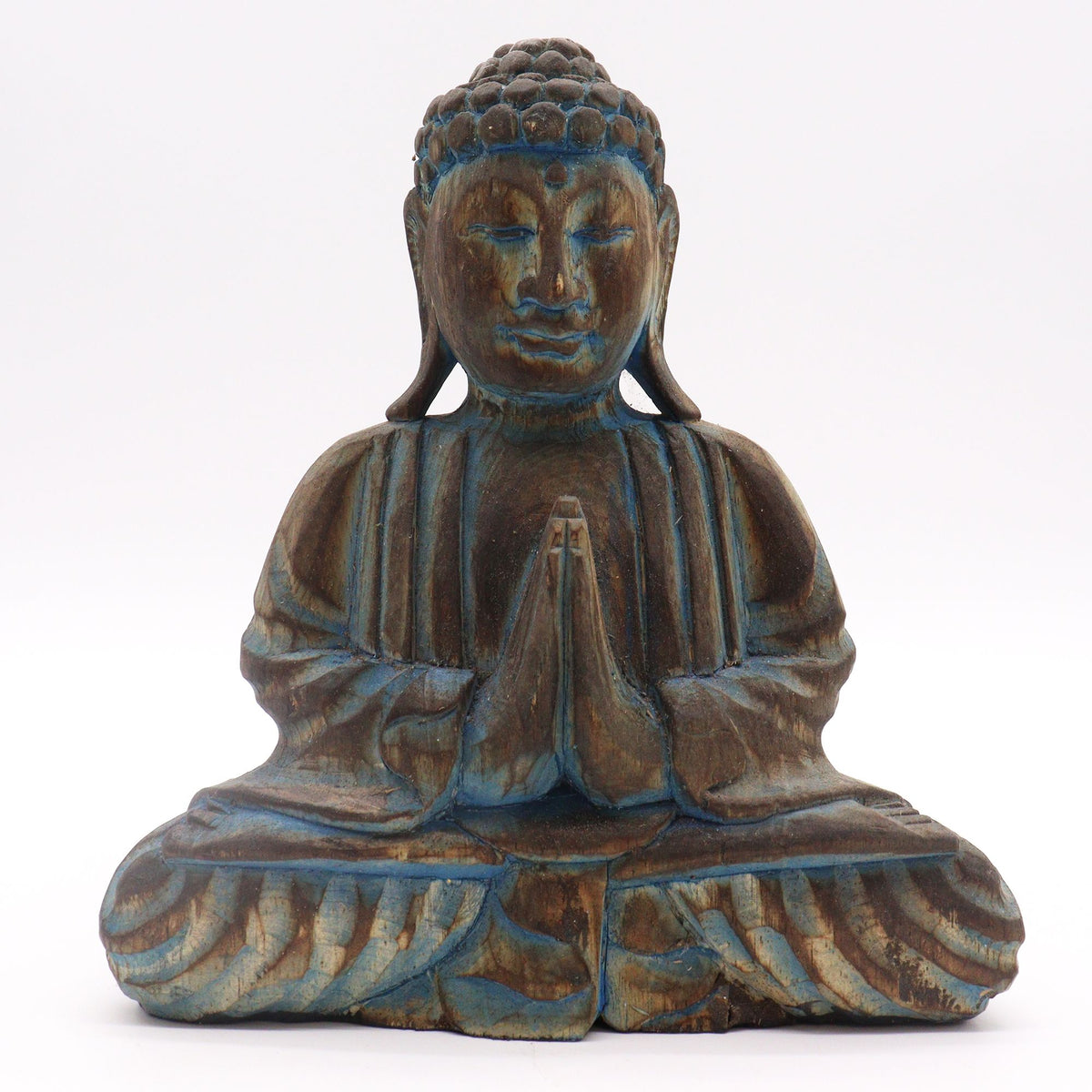 Buda decorativo de madera · Mandala floral azul