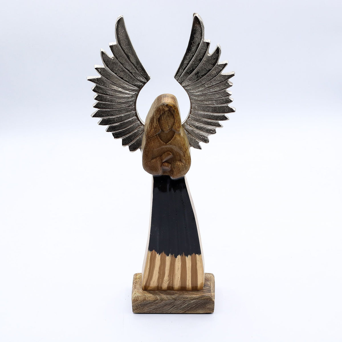 Ángel guardián grande de madera de mango con alas de metal