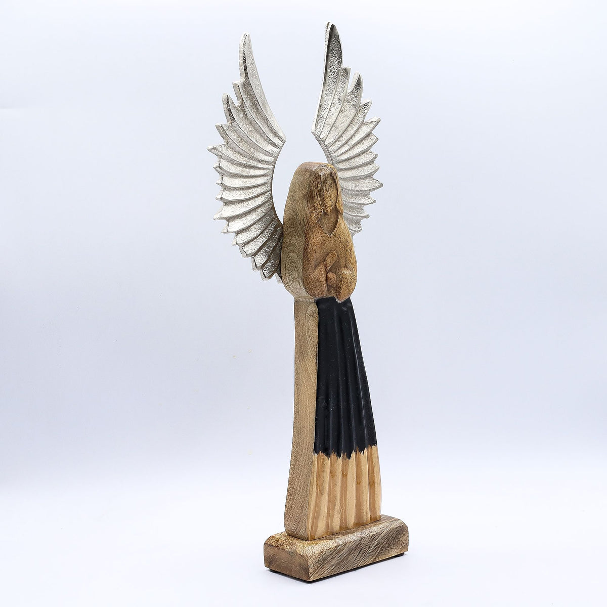 Ángel guardián grande de madera de mango con alas de metal