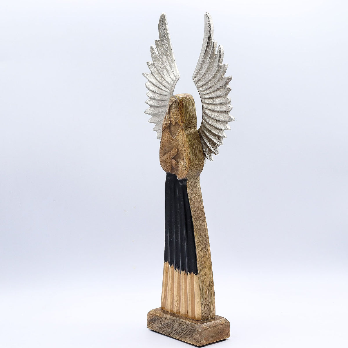 Ángel guardián grande de madera de mango con alas de metal