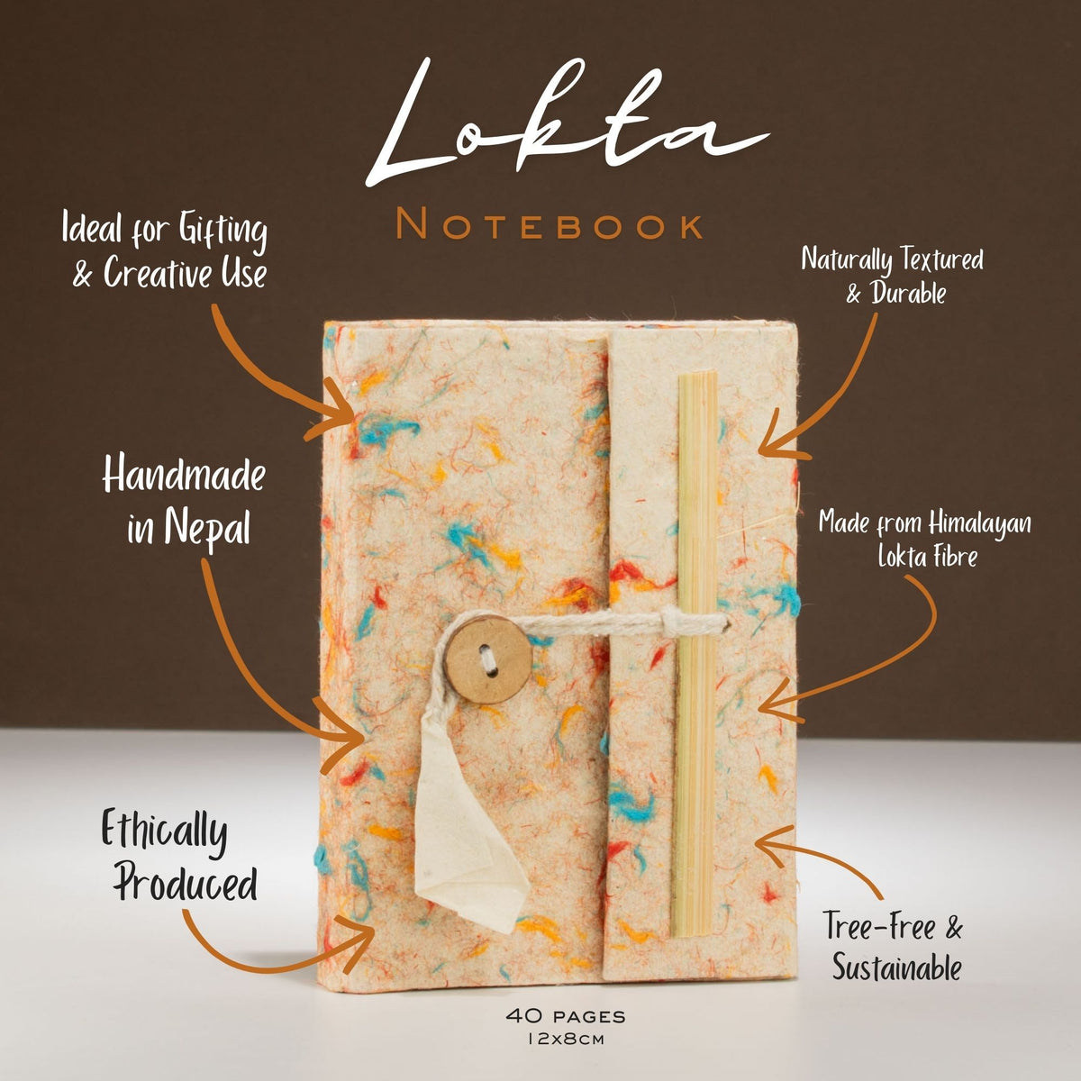 Mini cuaderno de papel lokta y algodón · Colores variados · 12 × 8 cm