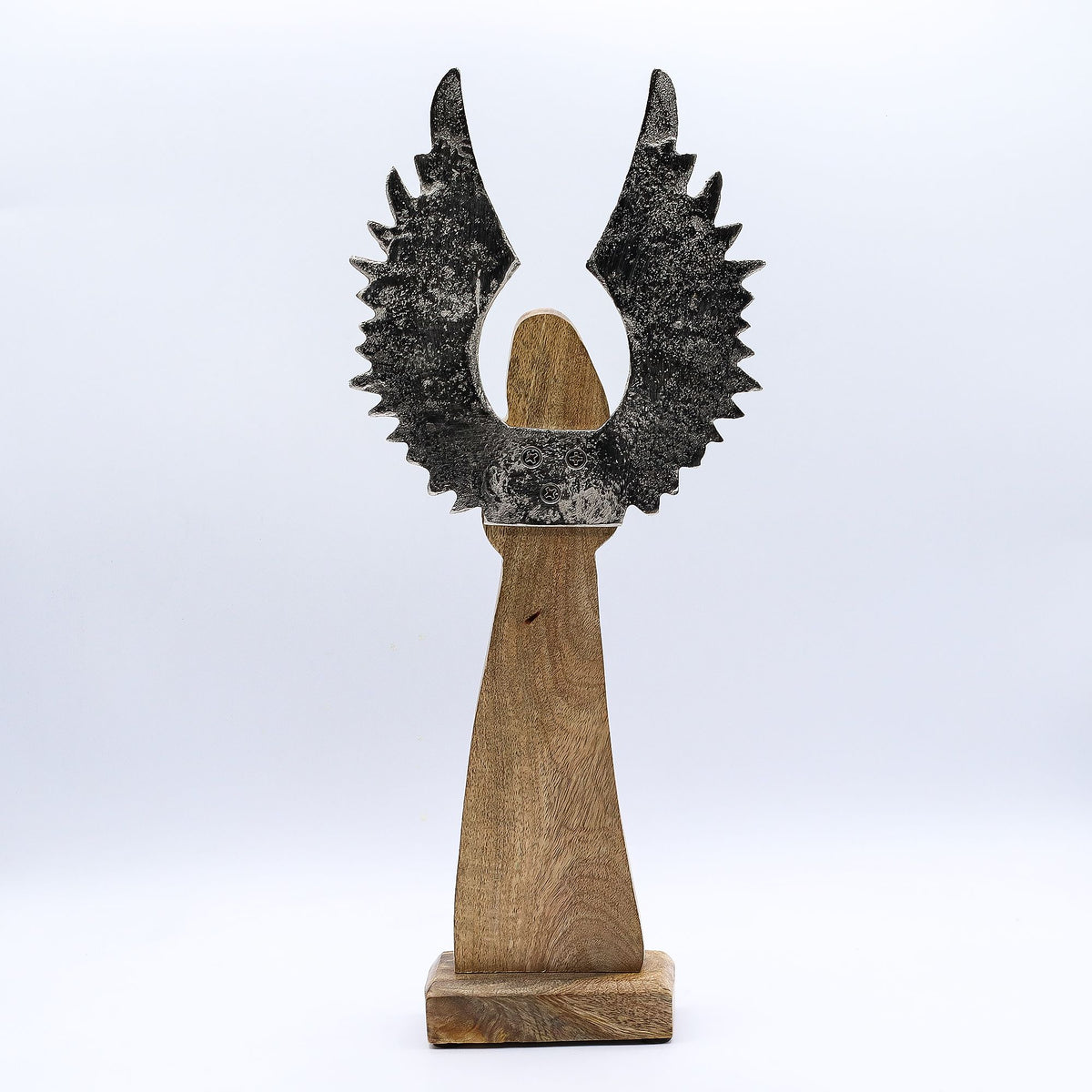 Ángel guardián grande de madera de mango con alas de metal