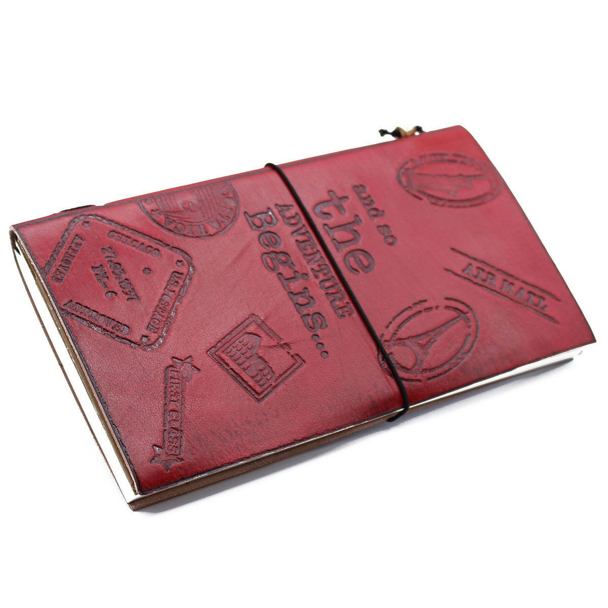 Diario de cuero hecho a mano · The Adventure Begins · Rojo