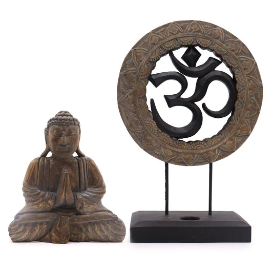 Buda decorativo de madera · Om gris y negro