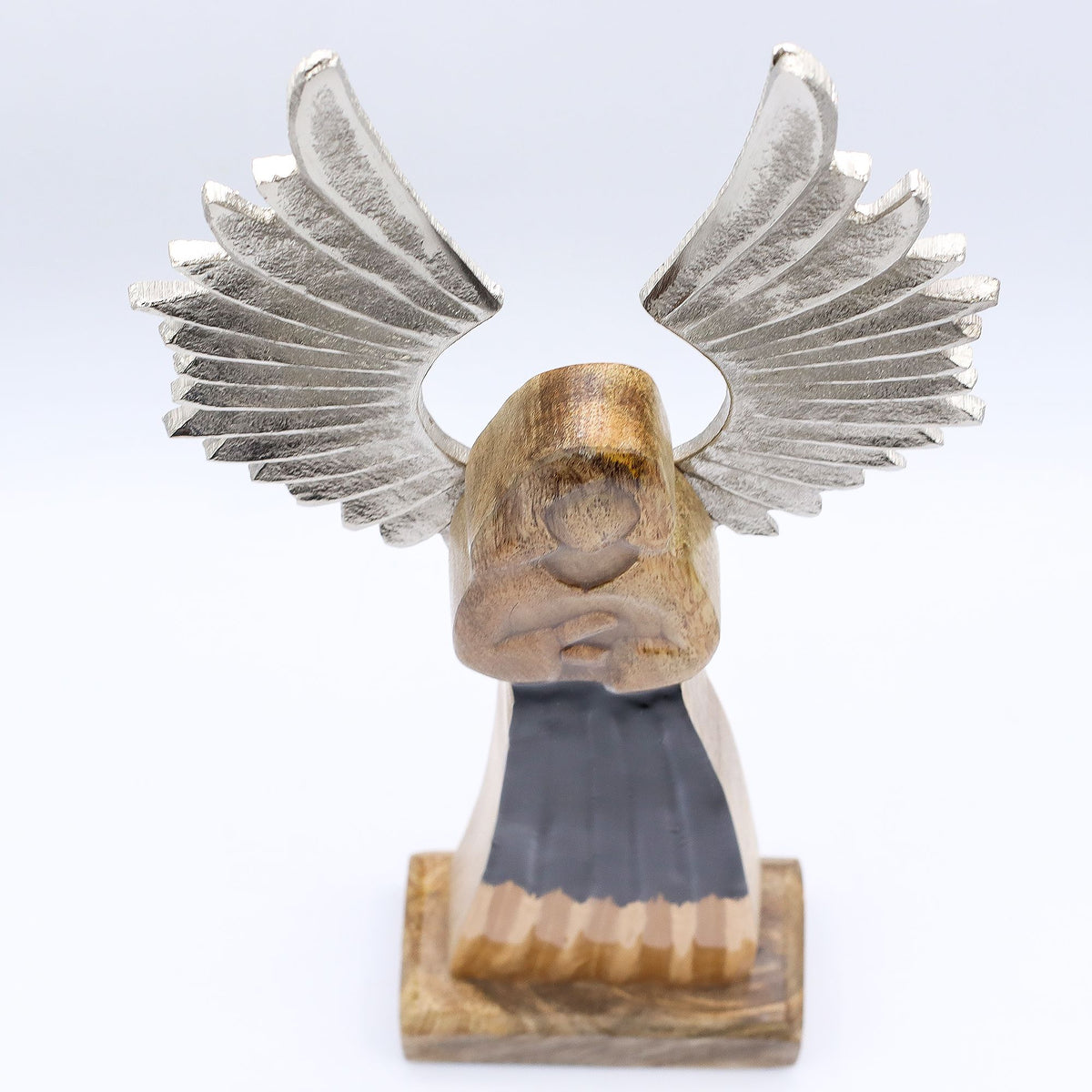 Ángel guardián grande de madera de mango con alas de metal