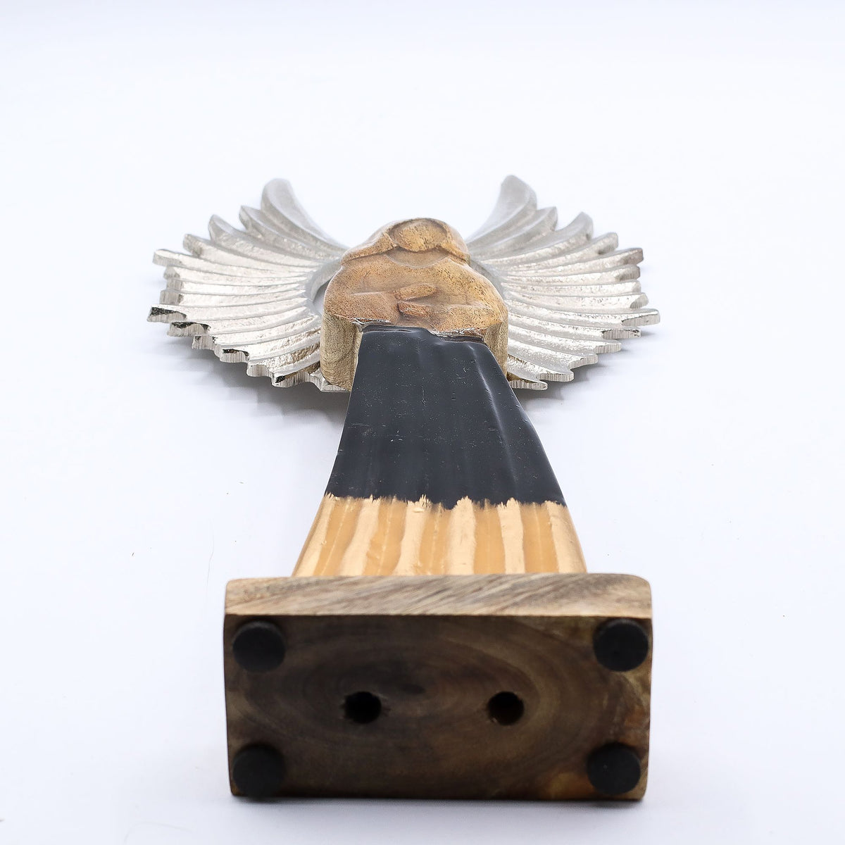 Ángel guardián grande de madera de mango con alas de metal